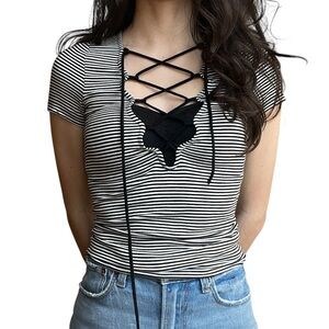 Sparkle & Fade Urban Outfitters Black & White Stripe T-Shirt w/ Open Ties Front